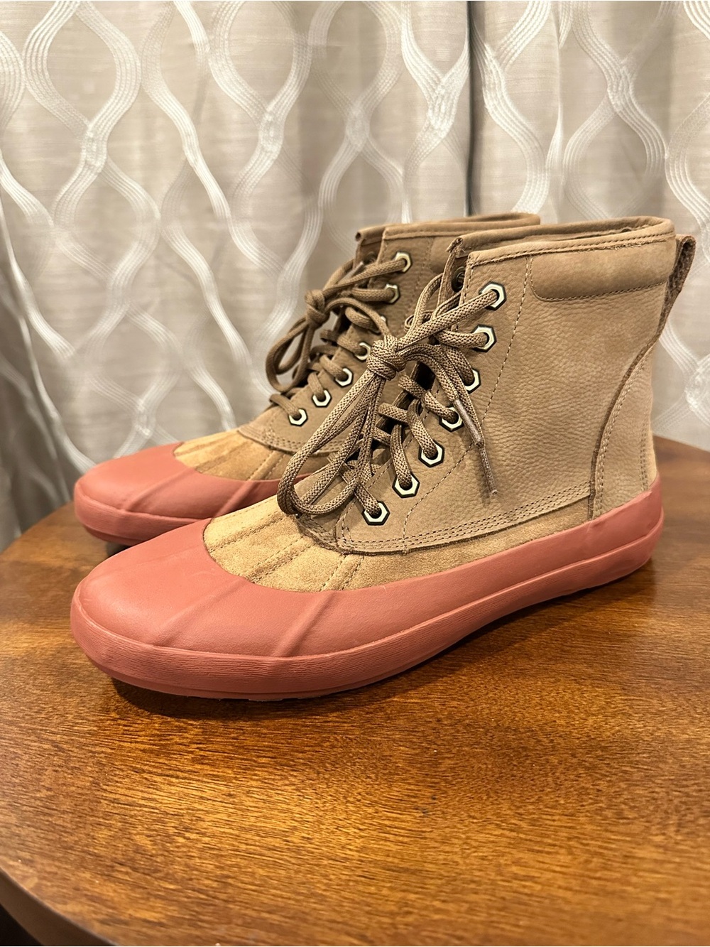 L.L. Bean Bar Harbor Boots - Tan Suede Upper and Cranberry Rubber Sole, Size 10